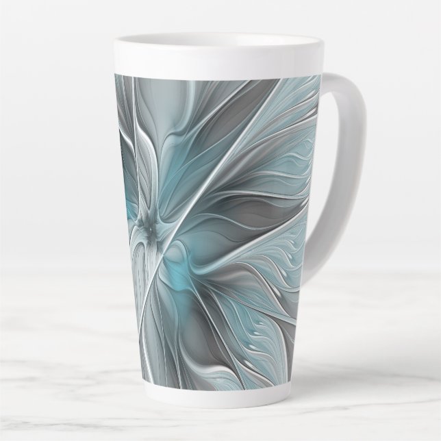 Floral Fractal Modern Abstract Flower Blue Gray Latte Mug (Right Angle)