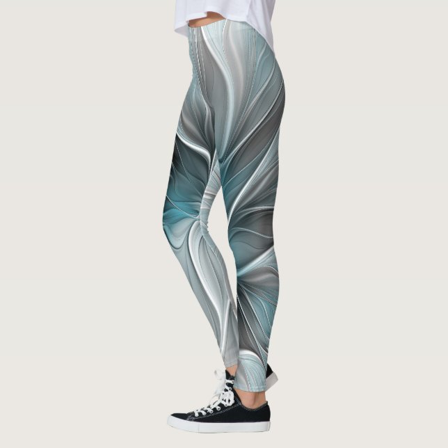 Floral Fractal Modern Abstract Flower Blue Gray Leggings (Left)