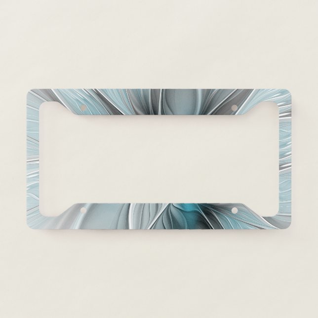 Floral Fractal Modern Abstract Flower Blue Gray License Plate Frame (Front)