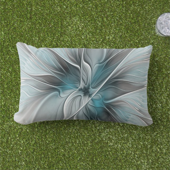 Floral Fractal Modern Abstract Flower Blue Gray Lumbar Pillow (Grass)