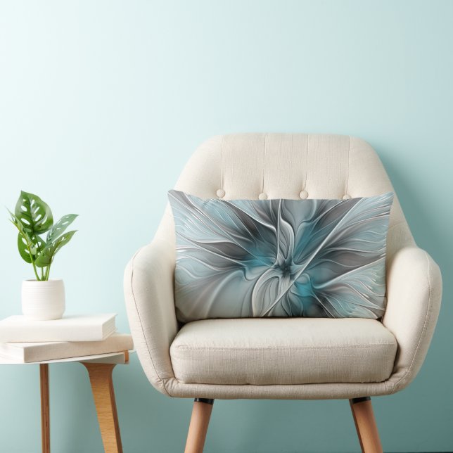 Floral Fractal Modern Abstract Flower Blue Gray Lumbar Pillow (Chair)