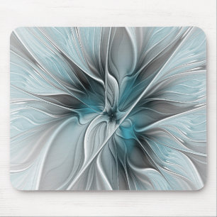 Floral Fractal Modern Abstract Flower Blue Gray Mouse Pad