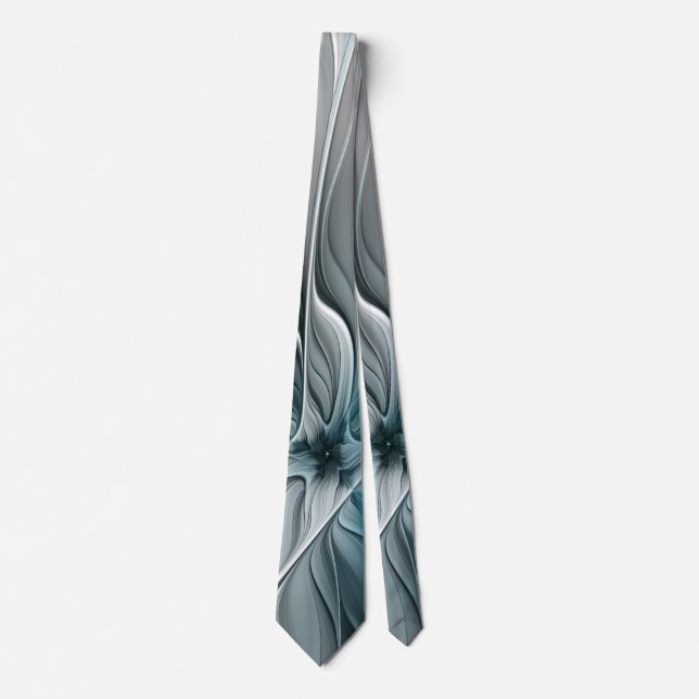 Floral Fractal Modern Abstract Flower Blue Gray Neck Tie (Front)