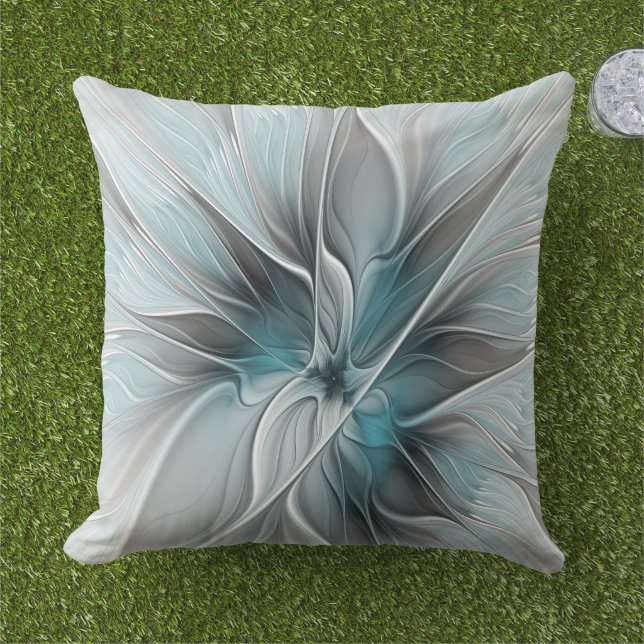 Floral Fractal Modern Abstract Flower Blue Gray Outdoor Pillow (Grass)