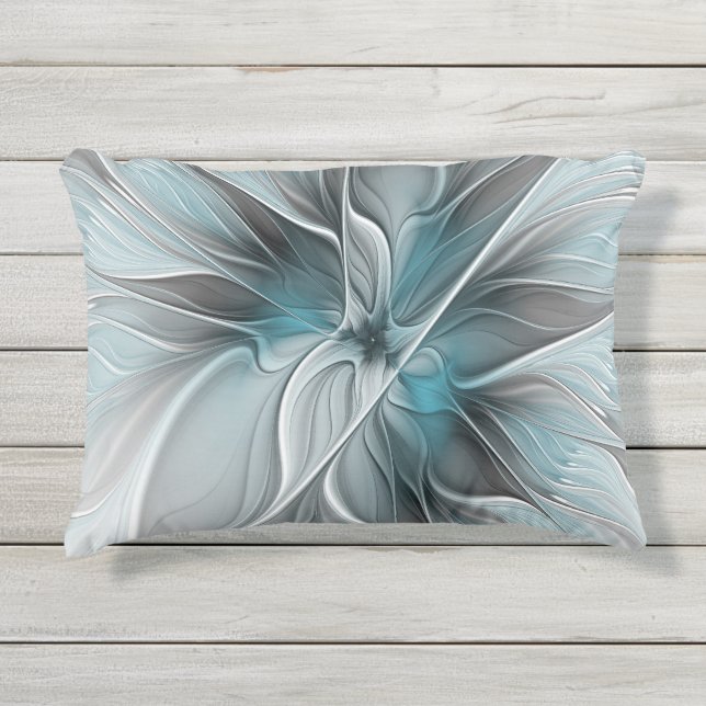 Floral Fractal Modern Abstract Flower Blue Gray Outdoor Pillow (Front)