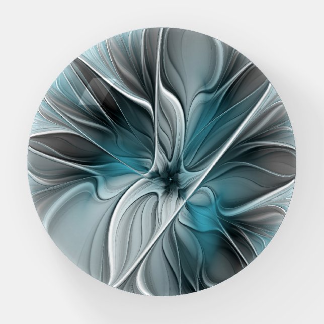 Floral Fractal Modern Abstract Flower Blue Gray Paperweight (Front)