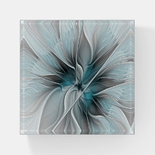 Floral Fractal Modern Abstract Flower Blue Gray Paperweight