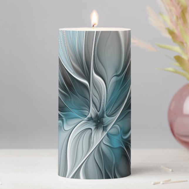Floral Fractal Modern Abstract Flower Blue Gray Pillar Candle (In Situ)
