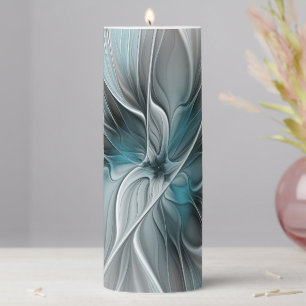 Floral Fractal Modern Abstract Flower Blue Gray Pillar Candle