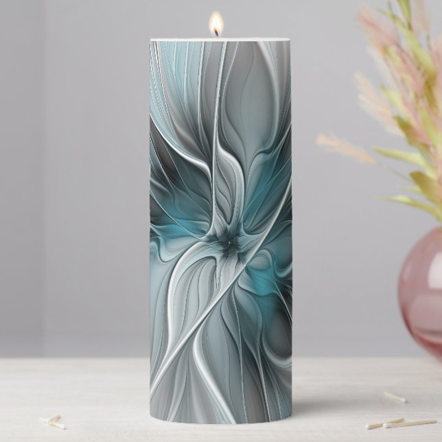 Floral Fractal Modern Abstract Flower Blue Gray Pillar Candle (In Situ)