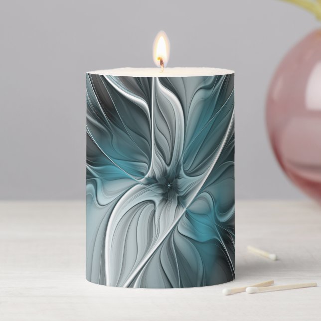 Floral Fractal Modern Abstract Flower Blue Gray Pillar Candle (In Situ)