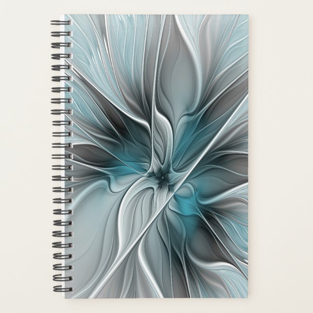 Floral Fractal Modern Abstract Flower Blue Gray Planner (Front)
