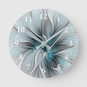 Floral Fractal Modern Abstract Flower Blue Gray Round Clock