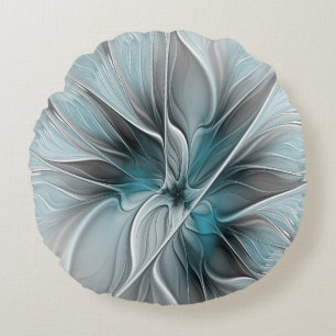Floral Fractal Modern Abstract Flower Blue Gray Round Pillow