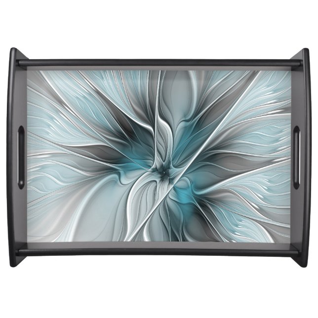 Floral Fractal Modern Abstract Flower Blue Gray Serving Tray (Front)