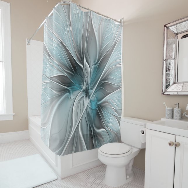 Floral Fractal Modern Abstract Flower Blue Gray Shower Curtain (In Situ)