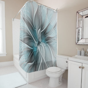 Floral Fractal Modern Abstract Flower Blue Gray Shower Curtain