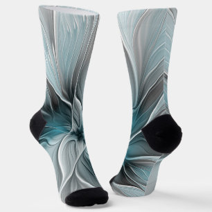 Floral Fractal Modern Abstract Flower Blue Gray Socks