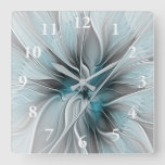 Floral Fractal Modern Abstract Flower Blue Gray Square Wall Clock