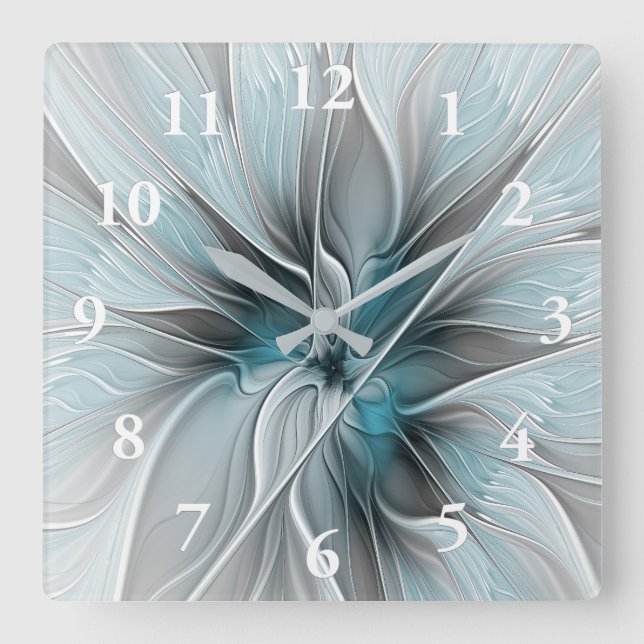 Floral Fractal Modern Abstract Flower Blue Gray Square Wall Clock (Front)