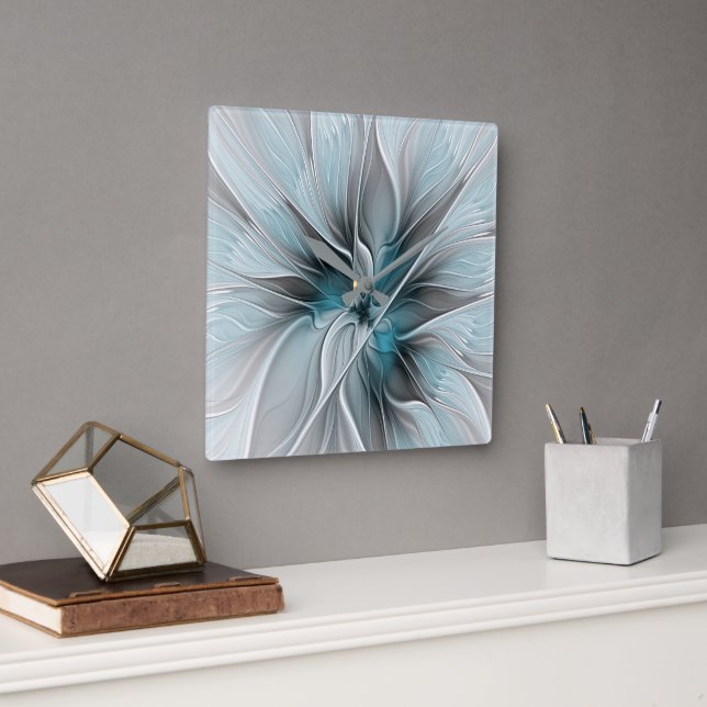 Floral Fractal Modern Abstract Flower Blue Gray Square Wall Clock (Office)