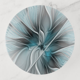 Floral Fractal Modern Abstract Flower Blue Gray Trinket Tray