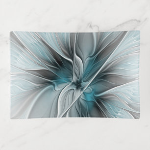 Floral Fractal Modern Abstract Flower Blue Gray Trinket Tray