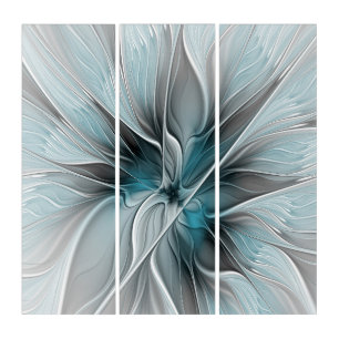 Floral Fractal Modern Abstract Flower Blue Gray Triptych