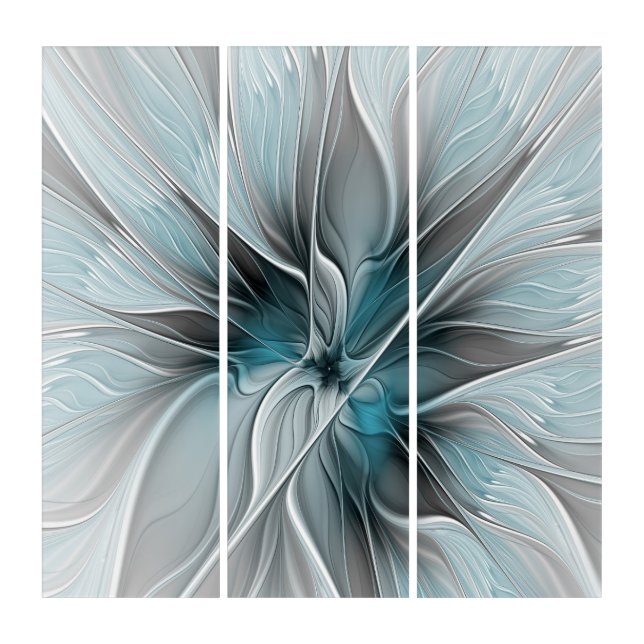 Floral Fractal Modern Abstract Flower Blue Gray Triptych (Front)
