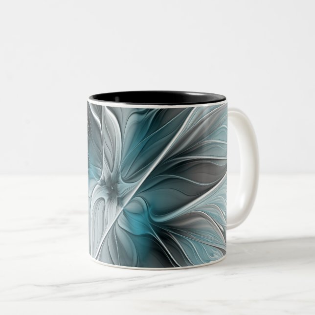Floral Fractal Modern Abstract Flower Blue Gray Two-Tone Coffee Mug (Front Right)