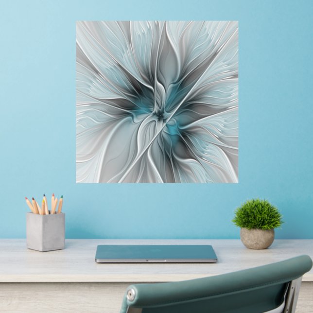 Floral Fractal Modern Abstract Flower Blue Gray Wall Decal (Home Office 2)