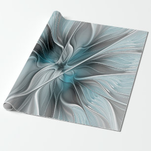 Floral Fractal Modern Abstract Flower Blue Gray Wrapping Paper