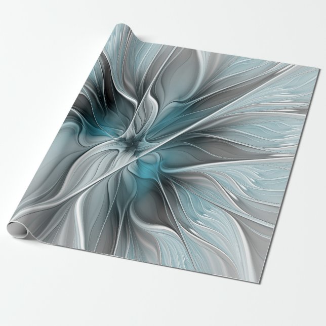 Floral Fractal Modern Abstract Flower Blue Gray Wrapping Paper (Unrolled)
