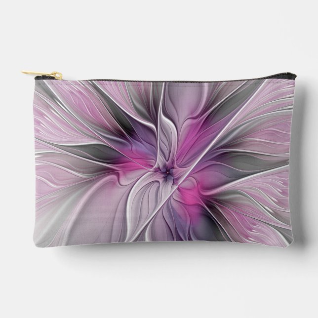 Floral Fractal Modern Abstract Flower Pink Gray Accessory Pouch (Front)