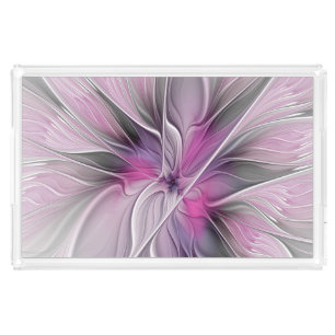 Floral Fractal Modern Abstract Flower Pink Gray Acrylic Tray