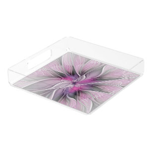 Floral Fractal Modern Abstract Flower Pink Gray Acrylic Tray