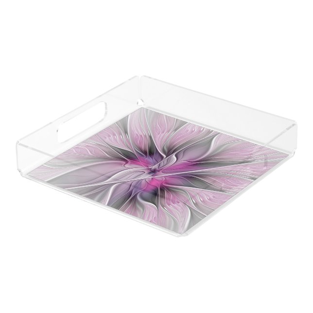 Floral Fractal Modern Abstract Flower Pink Gray Acrylic Tray (Angled)