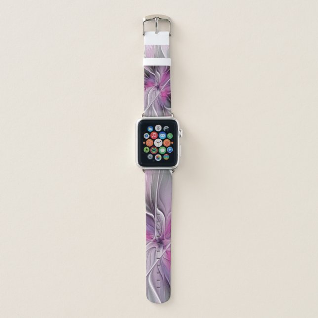 Floral Fractal Modern Abstract Flower Pink Gray Apple Watch Band (Front)