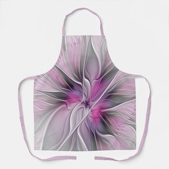 Floral Fractal Modern Abstract Flower Pink Gray Apron (Front)