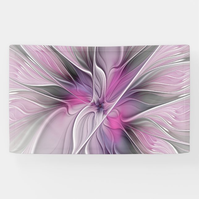 Floral Fractal Modern Abstract Flower Pink Gray Banner (Horizontal)