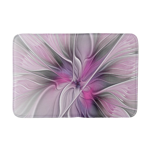 Floral Fractal Modern Abstract Flower Pink Gray Bath Mat (Front)