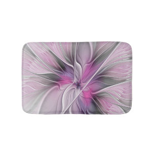 Floral Fractal Modern Abstract Flower Pink Gray Bath Mat