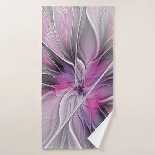 Floral Fractal Modern Abstract Flower Pink Gray Bath Towel