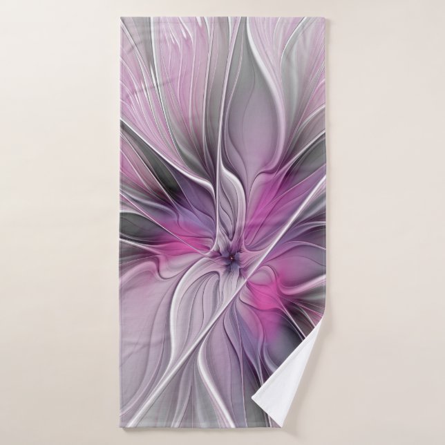 Floral Fractal Modern Abstract Flower Pink Gray Bath Towel (Bath Towel)