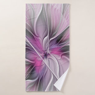 Floral Fractal Modern Abstract Flower Pink Gray Bath Towel