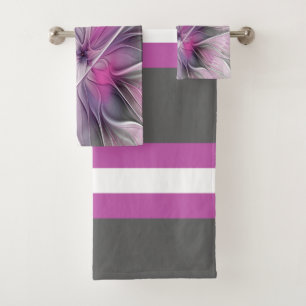 Floral Fractal Modern Abstract Flower Pink Gray Bath Towel Set