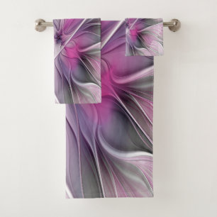 Floral Fractal Modern Abstract Flower Pink Gray Bath Towel Set