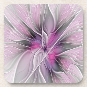 Floral Fractal Modern Abstract Flower Pink Gray Beverage Coaster