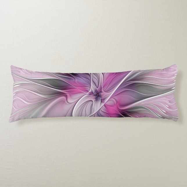 Floral Fractal Modern Abstract Flower Pink Gray Body Pillow (Front)