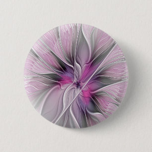 Floral Fractal Modern Abstract Flower Pink Gray Button